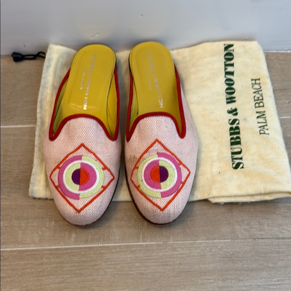 Stubbs & Wootton Pink and Red Mules with Whimsical Design